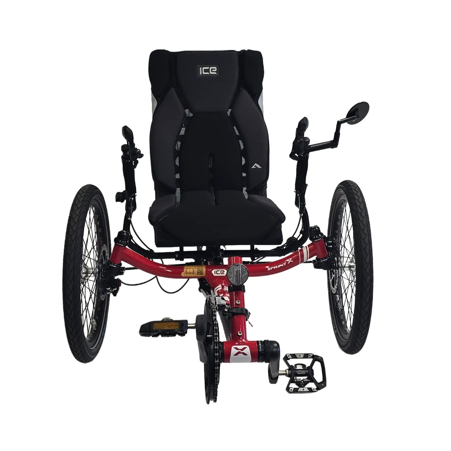 Front view of the ICE Sprint Pixel RS Passion Red Recumbent Trike against a white background.