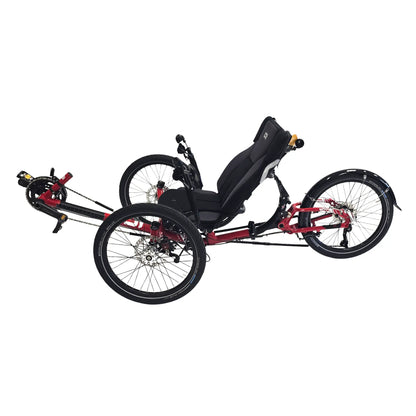 Non-drive side view of the ICE Sprint Pixel RS Passion Red Recumbent Trike against a white background.