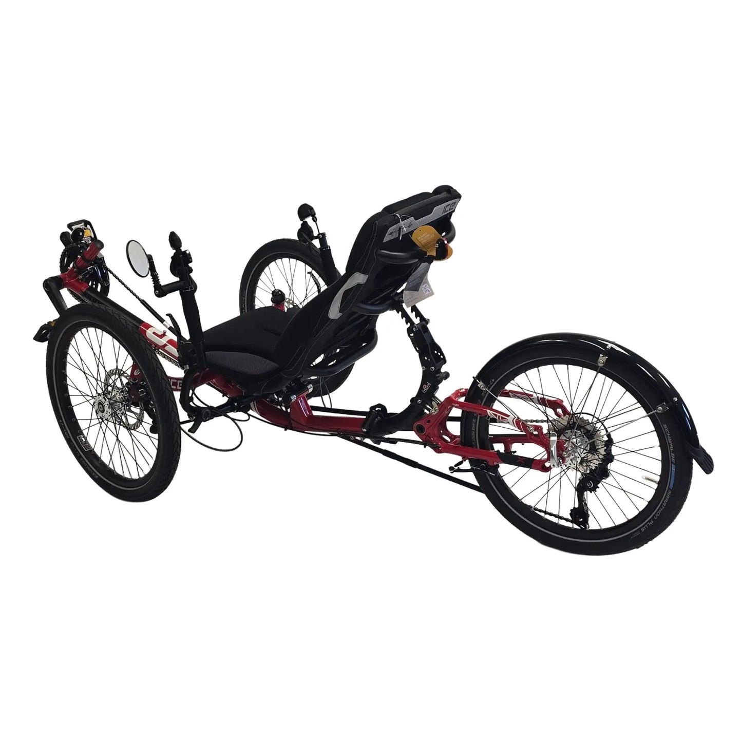 Angled non-drive side view of the ICE Sprint Pixel RS Passion Red Recumbent Trike against a white background.