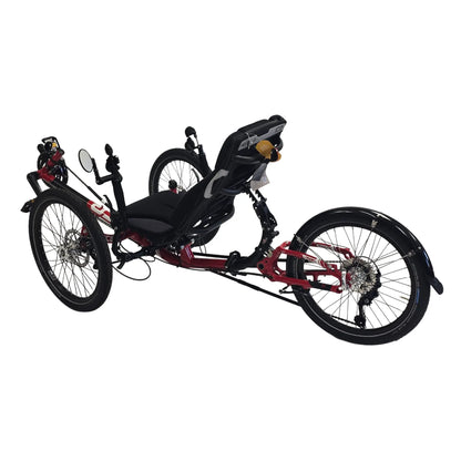 Angled non-drive side view of the ICE Sprint Pixel RS Passion Red Recumbent Trike against a white background.