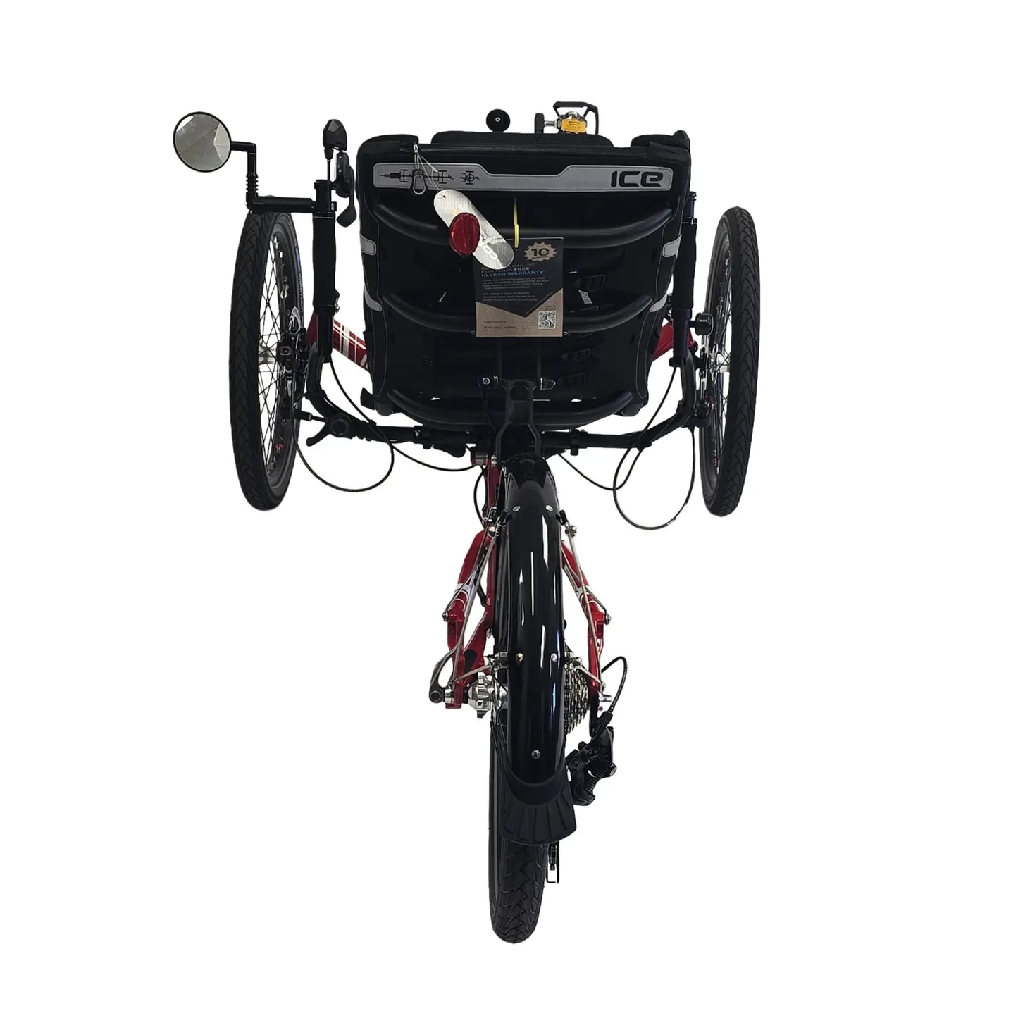 Rear view of the ICE Sprint Pixel RS Passion Red Recumbent Trike against a white background.