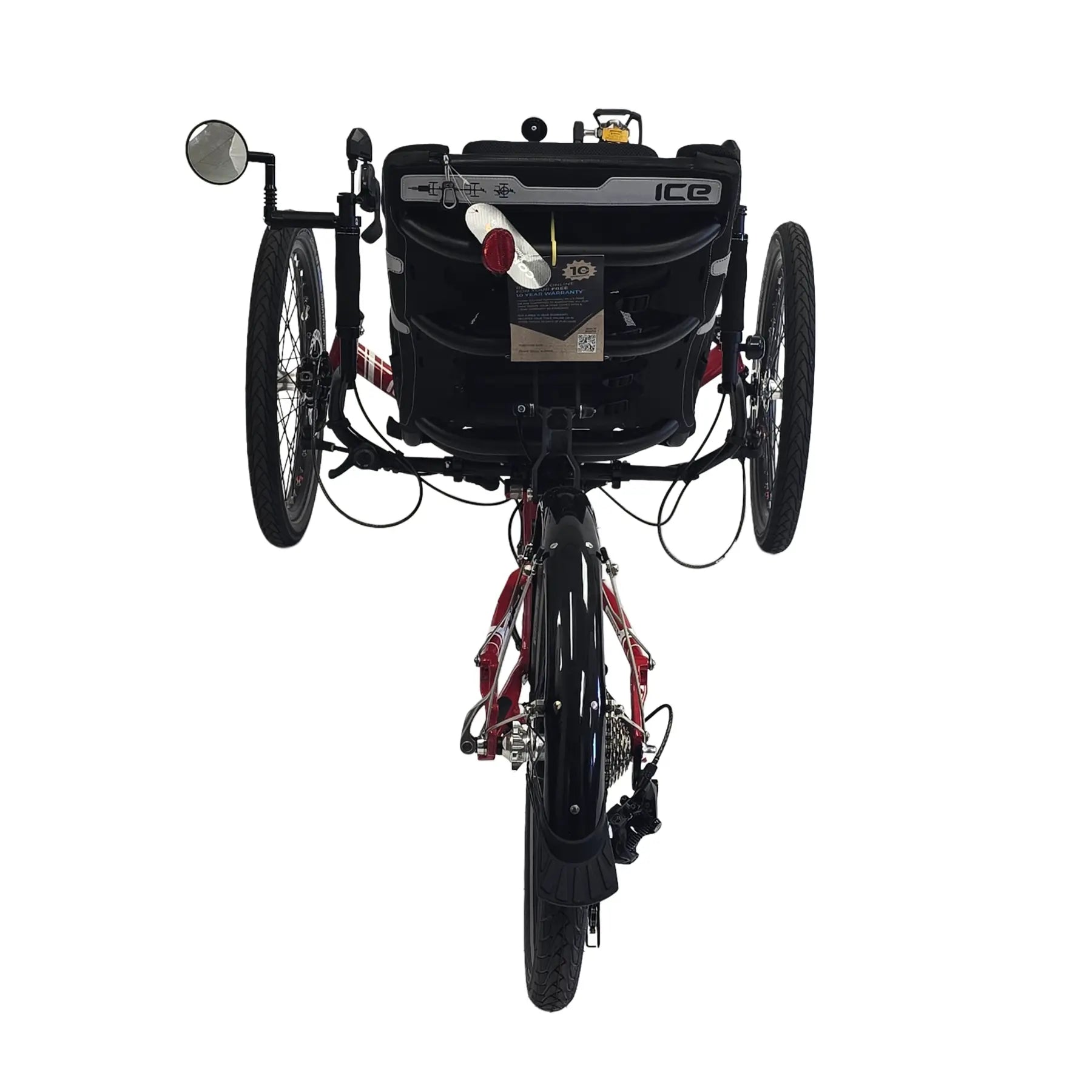Rear view of the ICE Sprint Pixel RS Passion Red Recumbent Trike against a white background.