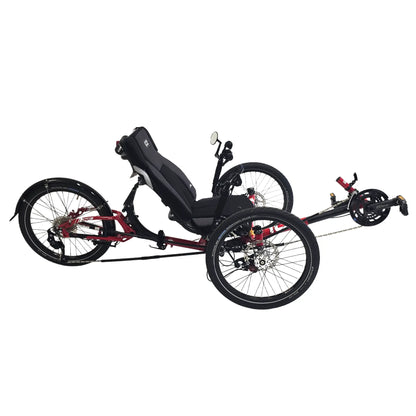 Side view of the ICE Sprint Pixel RS Passion Red Recumbent Trike against a white background.