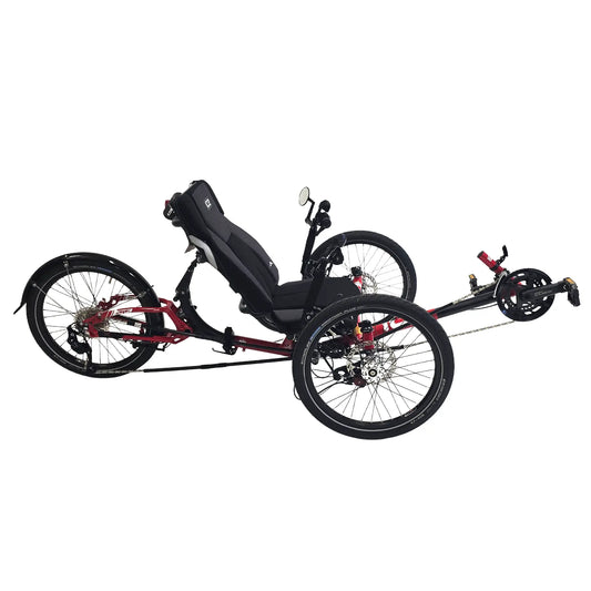 Side view of the ICE Sprint Pixel RS Passion Red Recumbent Trike against a white background.