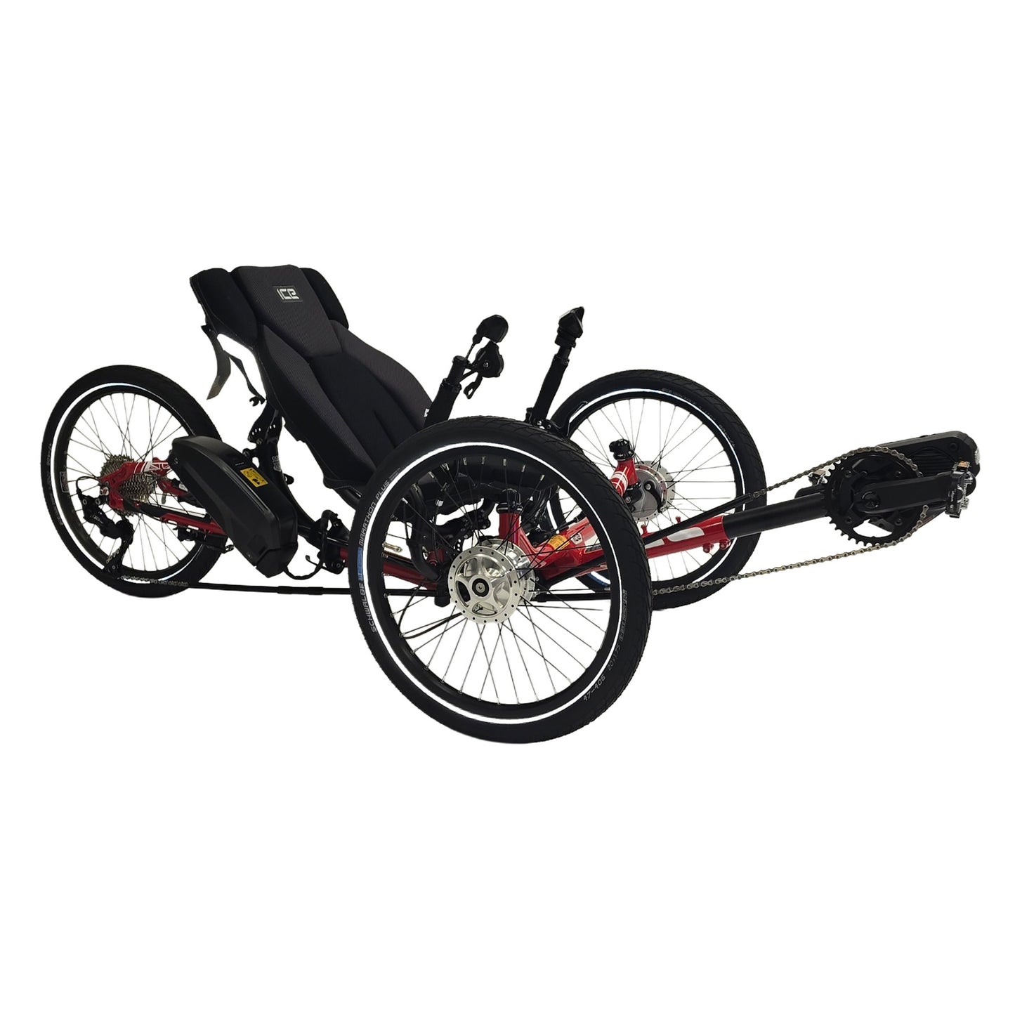 Angled side view of the ICE Sprint Pixel RS STEPS EP6 Recumbent Trike in Passion Red against a white background.