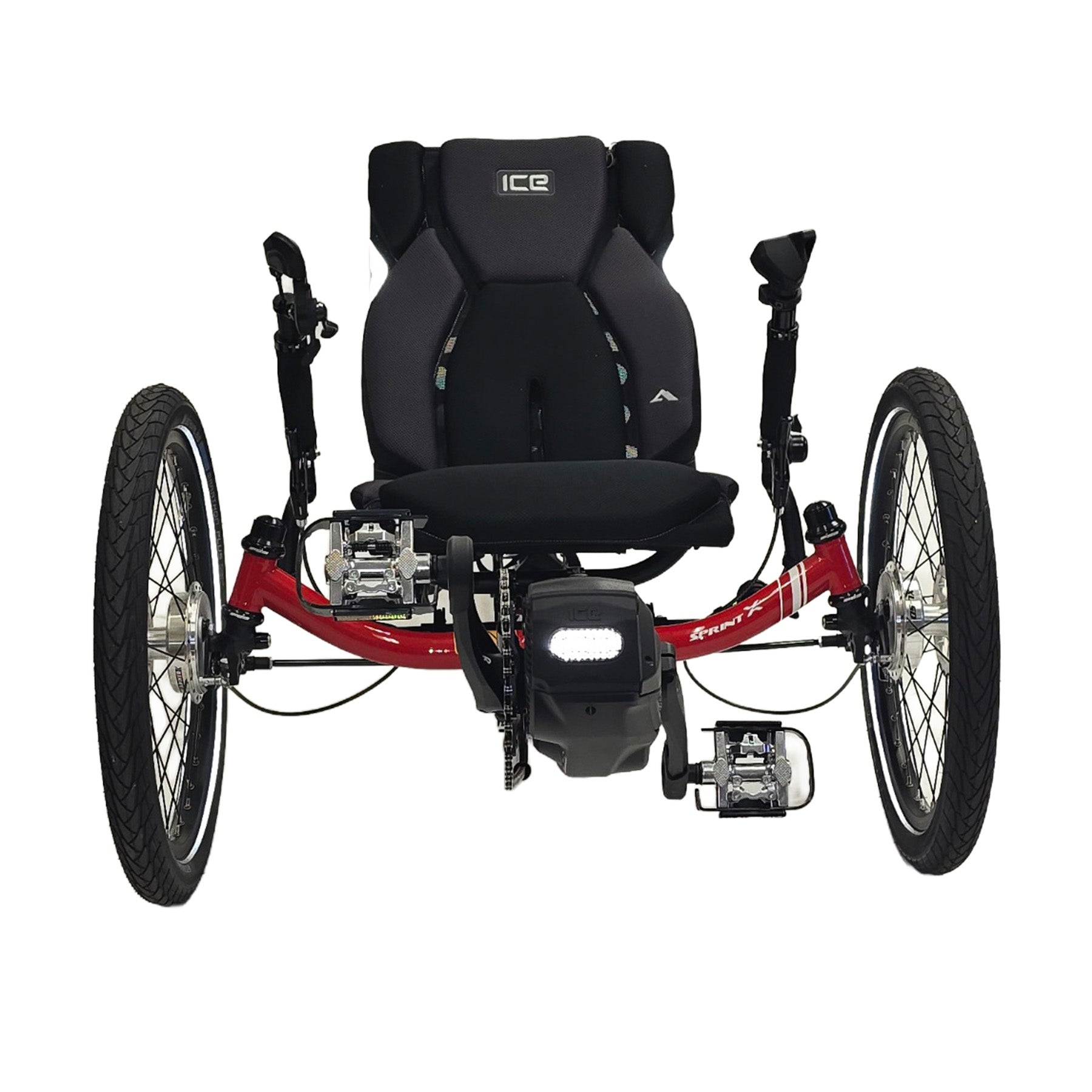 Front view of the ICE Sprint Pixel RS STEPS EP6 Recumbent Trike in Passion Red against a white background.