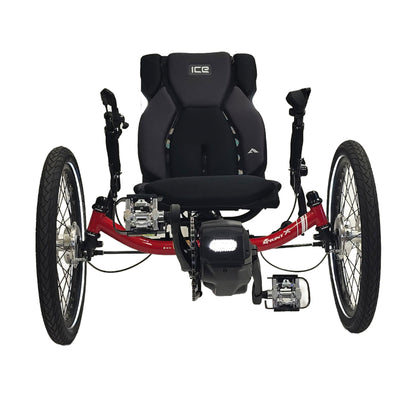 Front view of the ICE Sprint Pixel RS STEPS EP6 Recumbent Trike in Passion Red against a white background.