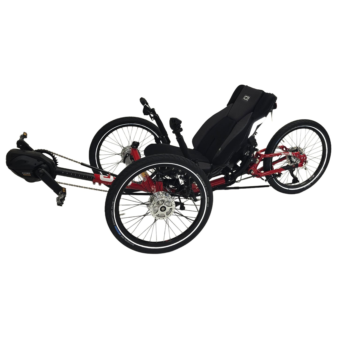 Angled non-drive side view of the ICE Sprint Pixel RS STEPS EP6 Recumbent Trike in Passion Red against a white background.