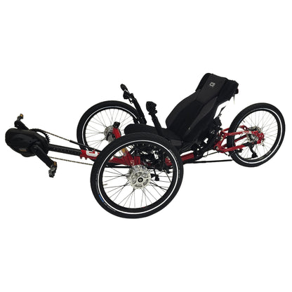 Angled non-drive side view of the ICE Sprint Pixel RS STEPS EP6 Recumbent Trike in Passion Red against a white background.