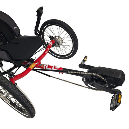 Front closeup of the ICE Sprint Pixel RS STEPS EP6 Recumbent Trike in Passion Red against a white background.