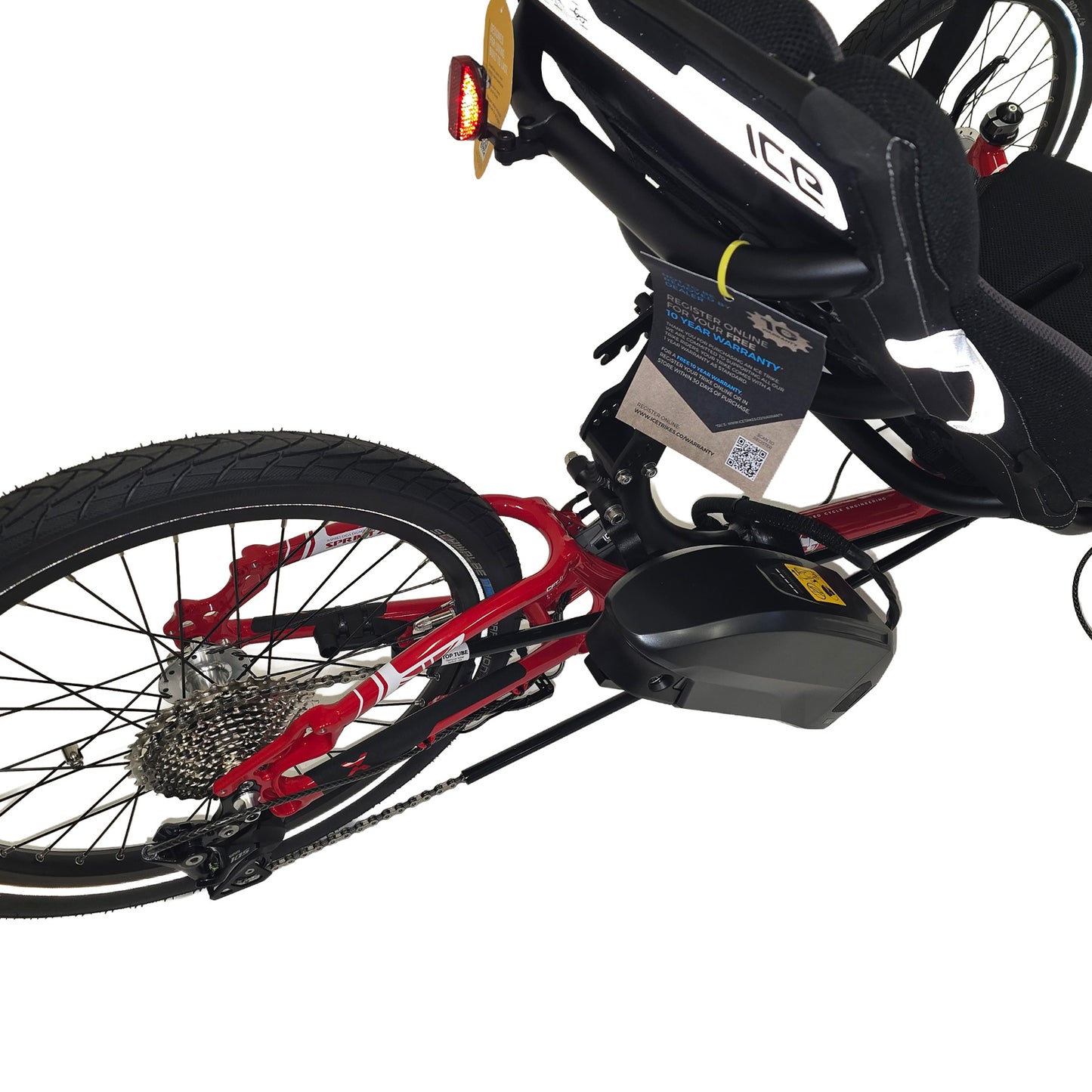 Rear closeup of the ICE Sprint Pixel RS STEPS EP6 Recumbent Trike in Passion Red against a white background.