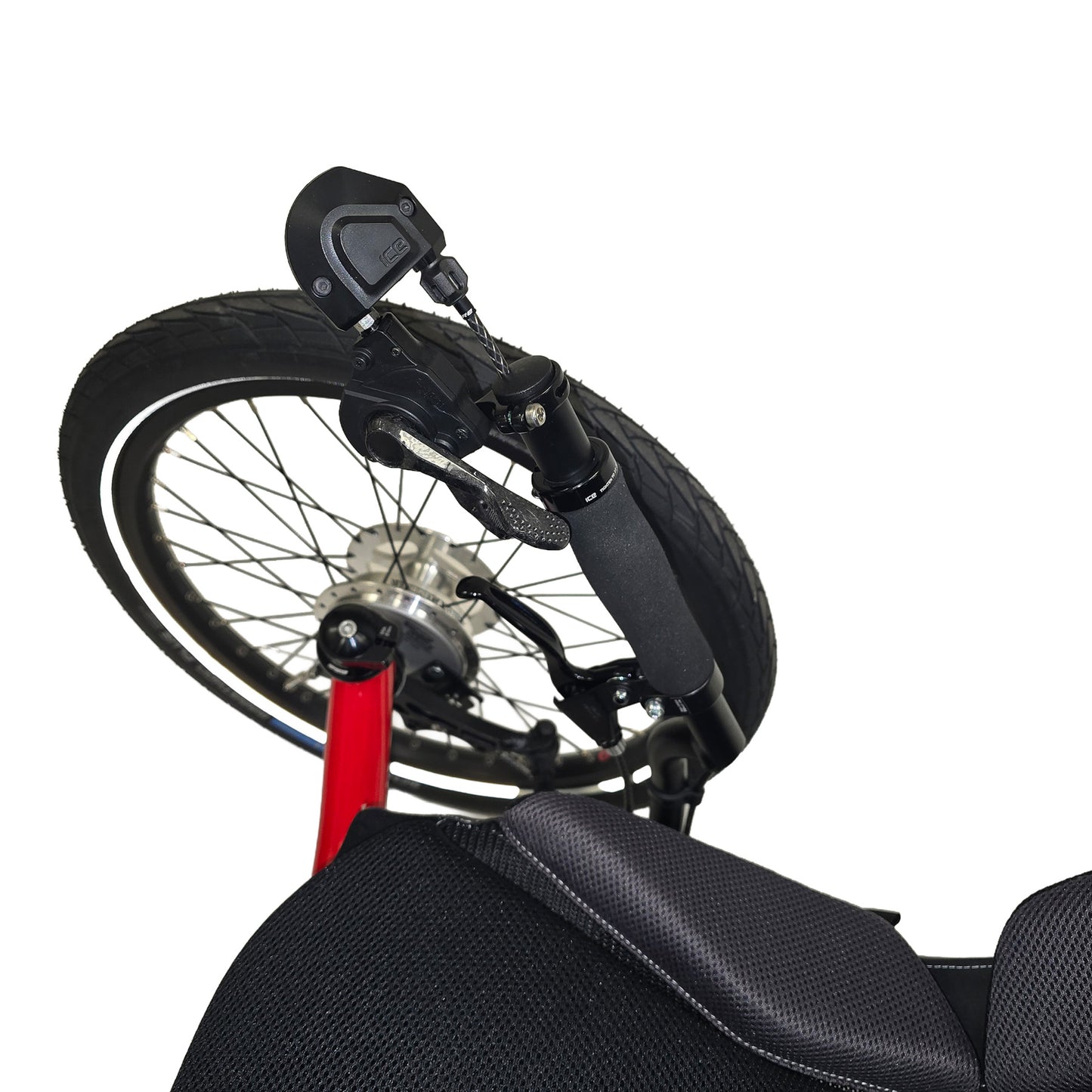 Closeup view of the shifter on the ICE Sprint Pixel RS STEPS EP6 Recumbent Trike in Passion Red against a white background.