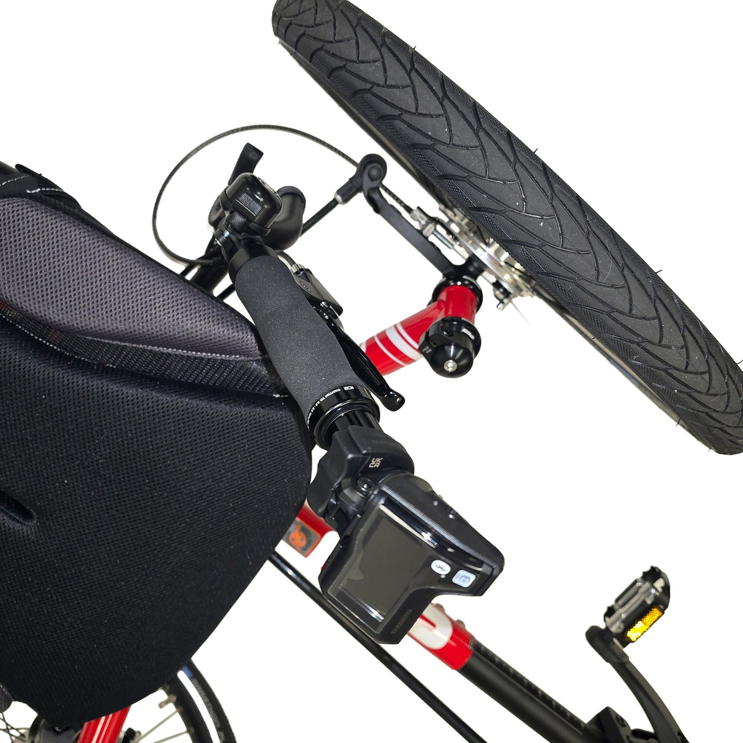 Closeup view of the e-assist controller on the ICE Sprint Pixel RS STEPS EP6 Recumbent Trike in Passion Red against a white background.