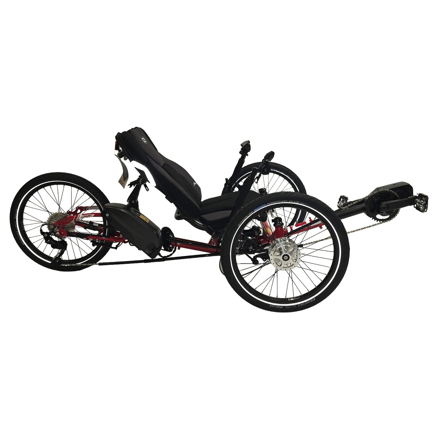 Side view of the ICE Sprint Pixel RS STEPS EP6 Recumbent Trike in Passion Red against a white background.