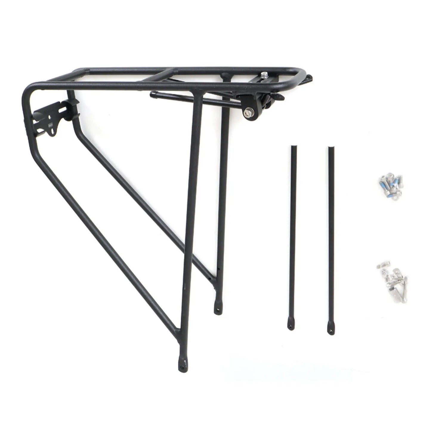 Side view of the ICE 20 Inch Rigid Rear Rack in black with mounting hardware against a white background.