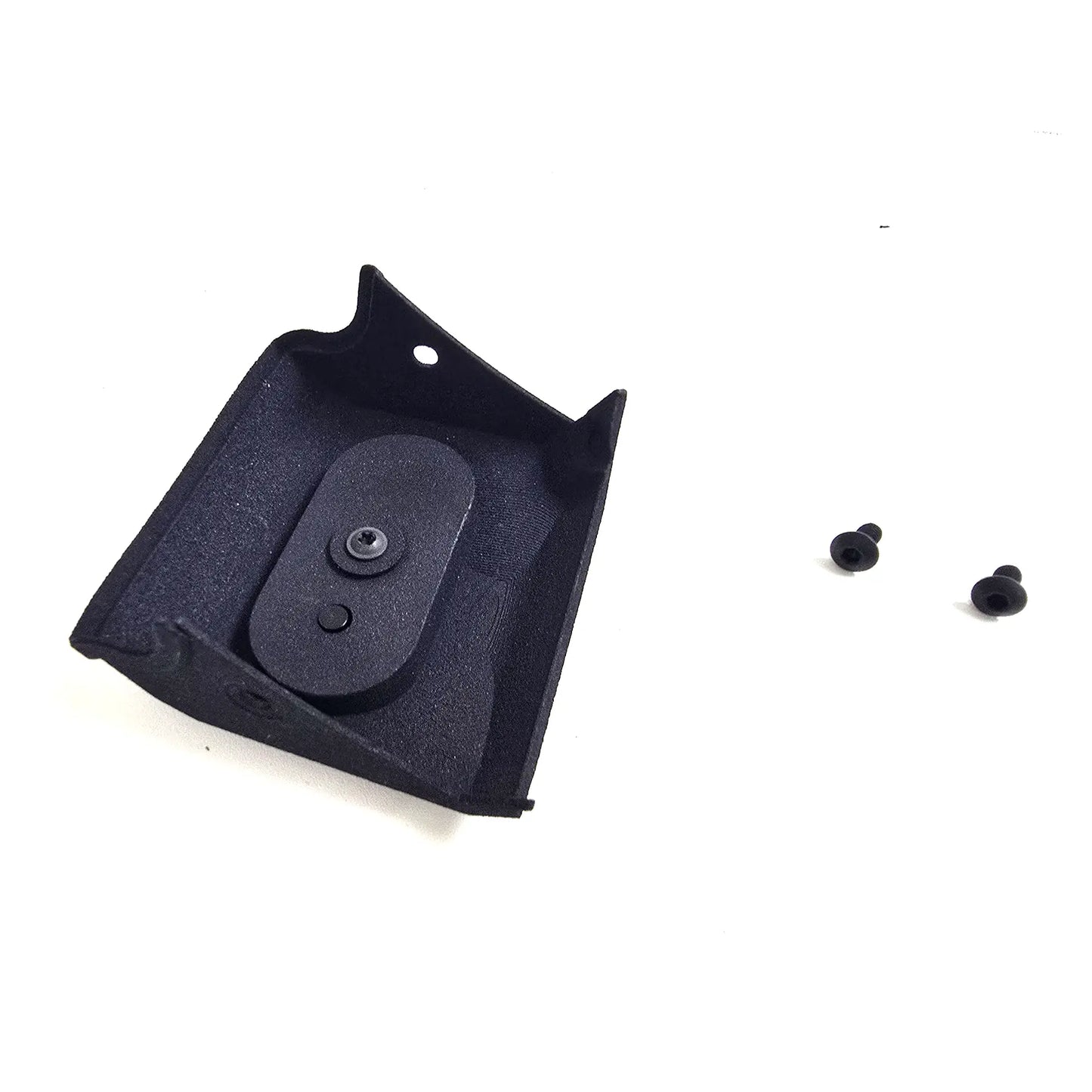 Back View of the ICE Trikes Shimano Steps EP8 Cover Plate in black with two black mounting bolts against a white background.