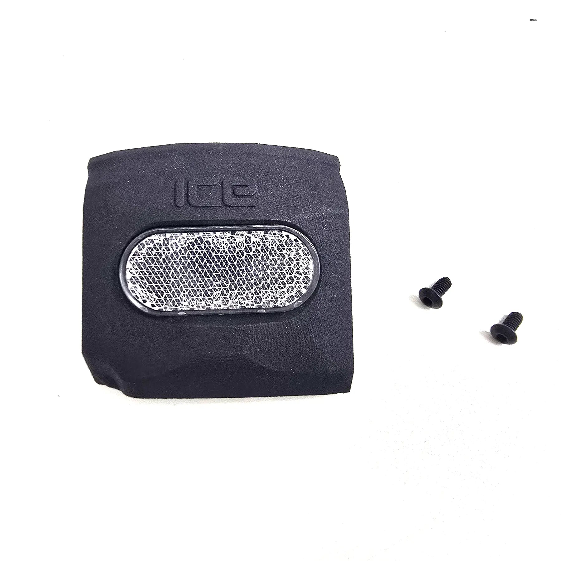 Front View of the ICE Trikes Shimano Steps EP8 Cover Plate in black with a white reflector and two black mounting bolts against a white background.