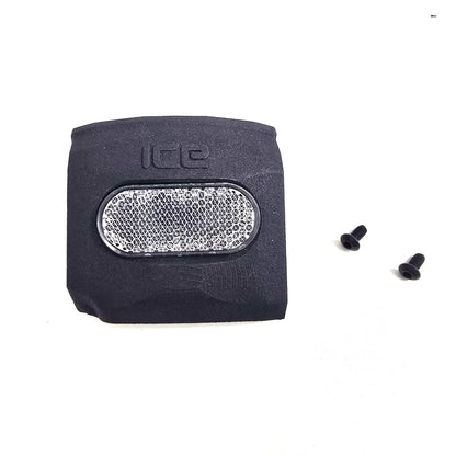 Front View of the ICE Trikes Shimano Steps EP8 Cover Plate in black with a white reflector and two black mounting bolts against a white background.
