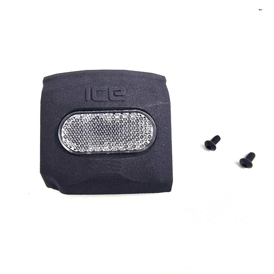 Front View of the ICE Trikes Shimano Steps EP8 Cover Plate in black with a white reflector and two black mounting bolts against a white background.