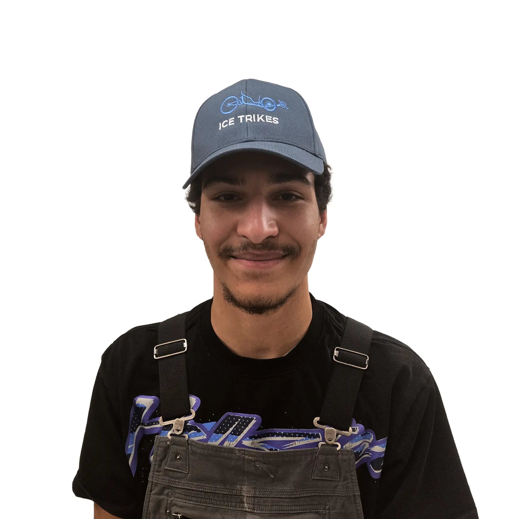 Front view of the ICE Trucker Cap in Petrol Blue with an embroidered trike in light blue and the words "ICE Trikes" in white on a model against a white background. 