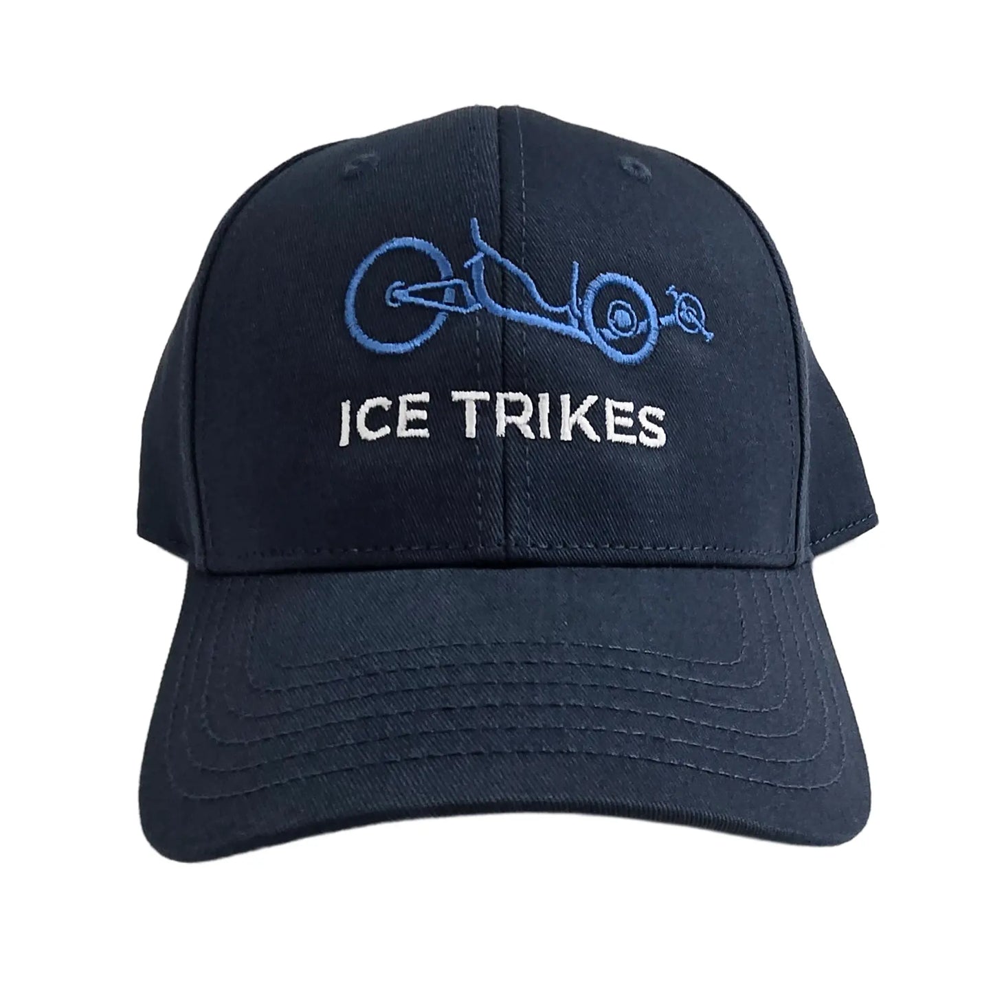 Front view of the ICE Trucker Cap in Petrol Blue with an embroidered trike in light blue and the words "ICE Trikes" in white against a white background. 