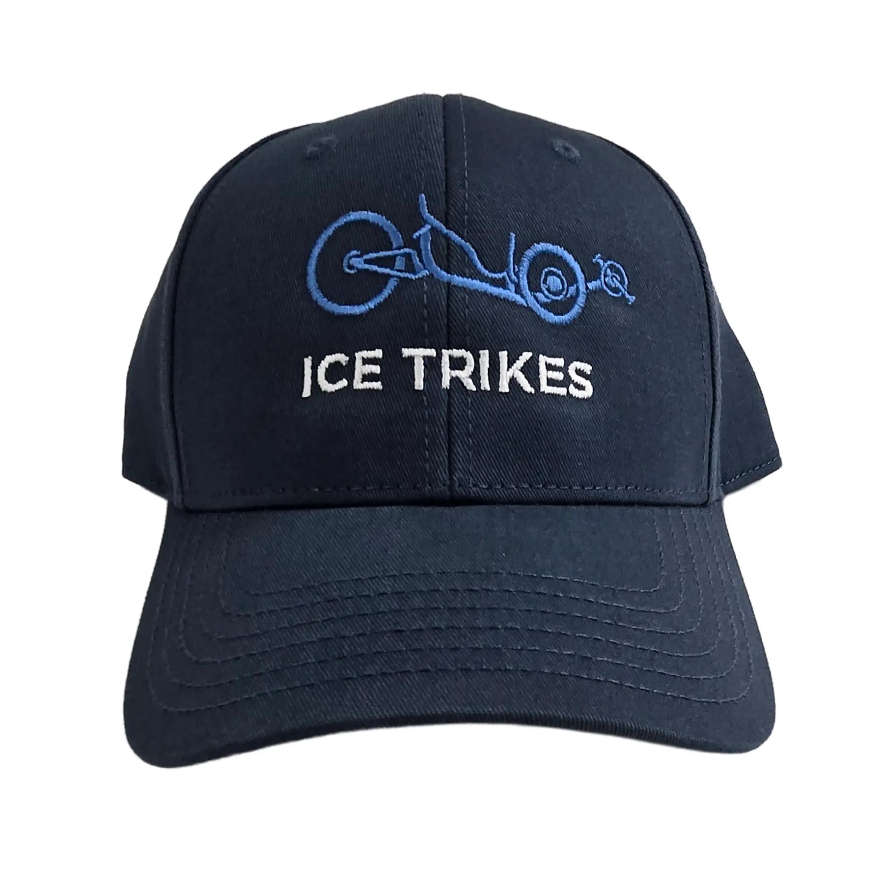 Front view of the ICE Trucker Cap in Petrol Blue with an embroidered trike in light blue and the words "ICE Trikes" in white against a white background. 