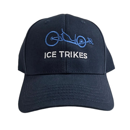 Front view of the ICE Trucker Cap in Petrol Blue with an embroidered trike in light blue and the words "ICE Trikes" in white against a white background. 