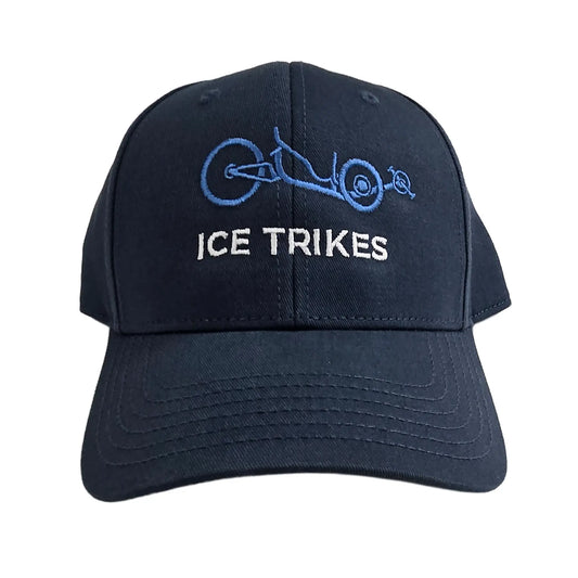 Front view of the ICE Trucker Cap in Petrol Blue with an embroidered trike in light blue and the words "ICE Trikes" in white against a white background. 