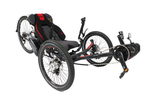 ICE Sprint X Tour with 26 inch rear wheel, Full Suspension with Shimano Steps EP8 Grey Recumbent Trike front quarter view