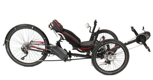 ICE Sprint X Tour with 26 inch rear wheel, Full Suspension with Shimano Steps EP8 Grey Recumbent Trike side view
