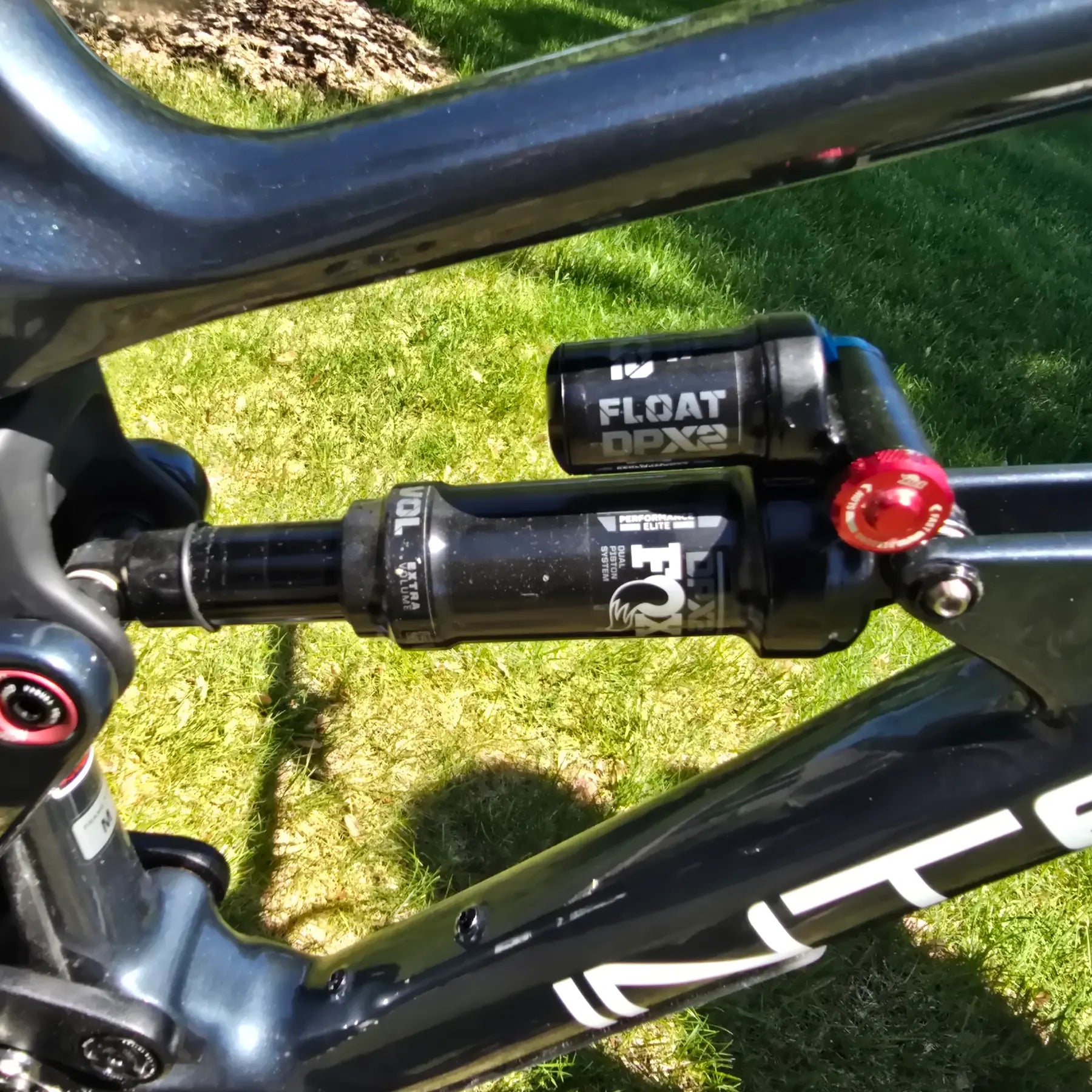 Closeup view of the rear shock on the INTENSE Primer 29 Pro Midnight Grey-White in an outdoor setting.