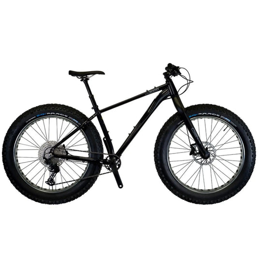 Side view of the KHS 4 Season 3000 Fat Bike with Carbon Fork in Black against a white background.