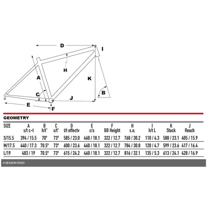 Bicycle frame geometry diagram with labeled dimensions on a white background