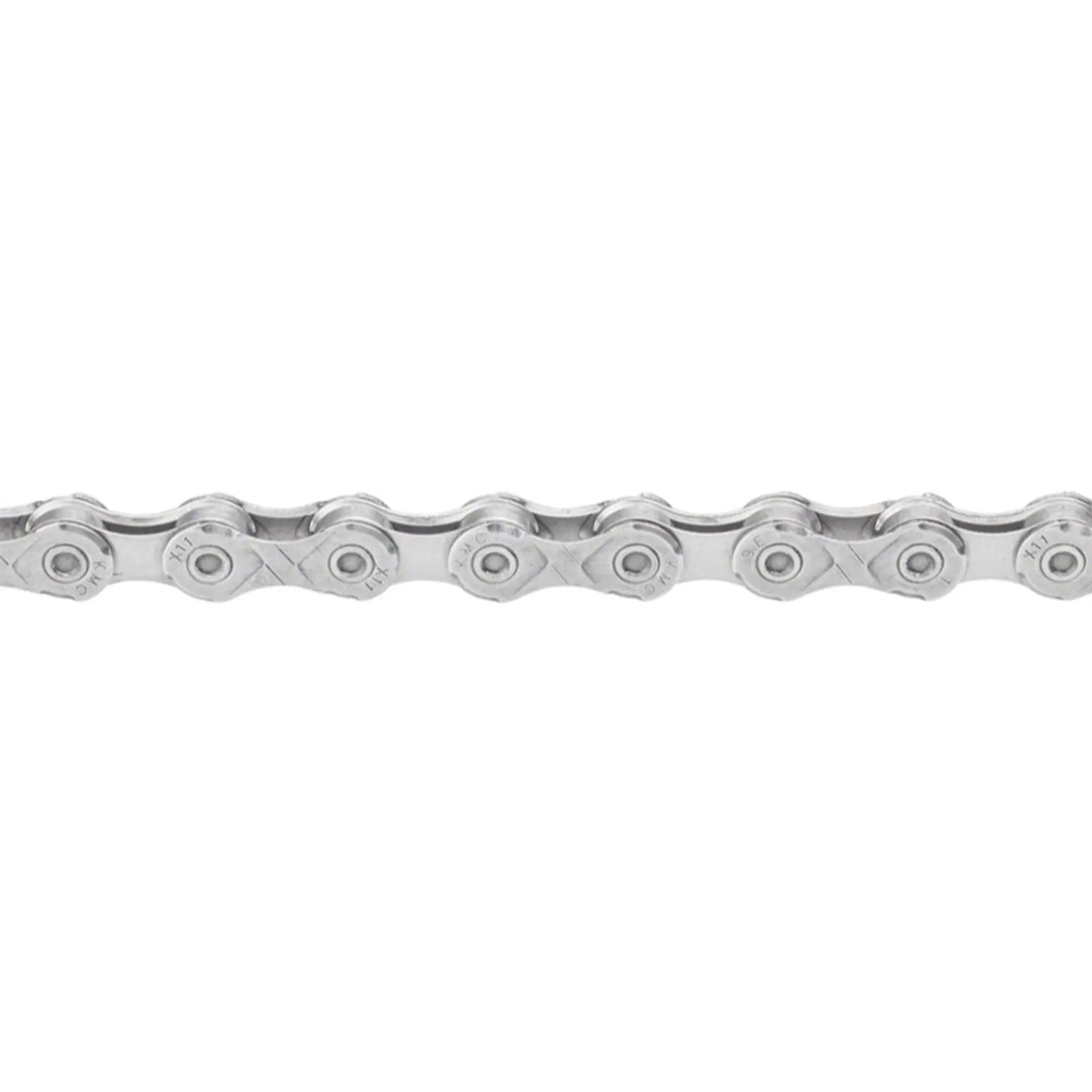 View of the KMC X11 11 Speed 118 Links Gray Chain against a white background.
