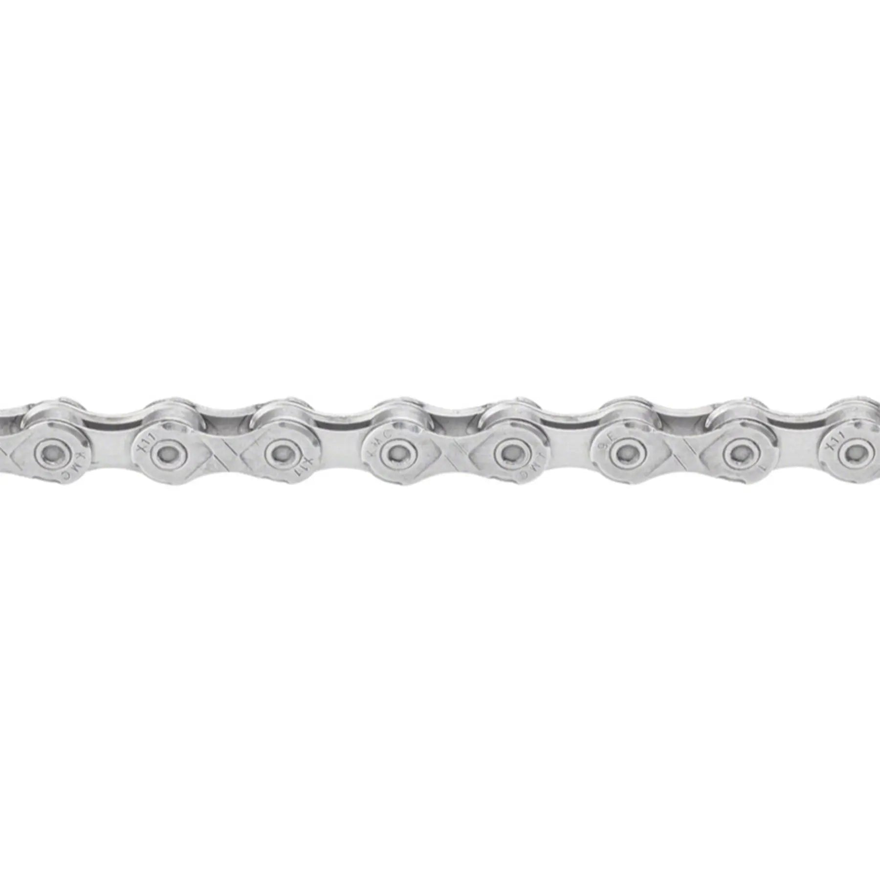 View of the KMC X11 11 Speed 118 Links Gray Chain against a white background.