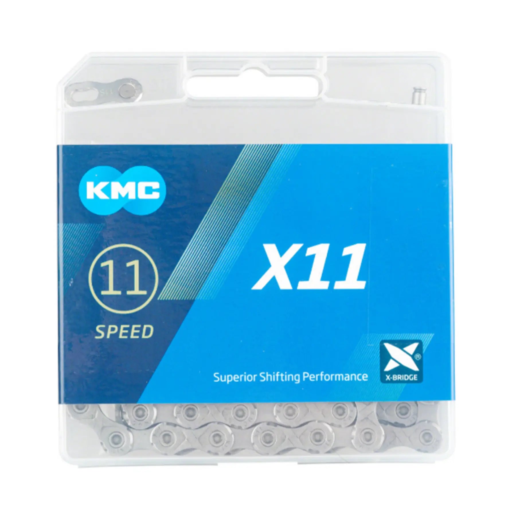 Front view of the KMC X11 11 Speed 118 Links Gray Chain in a clear plastic box with a blue label against a white background.