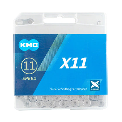Front view of the KMC X11 11 Speed 118 Links Gray Chain in a clear plastic box with a blue label against a white background.