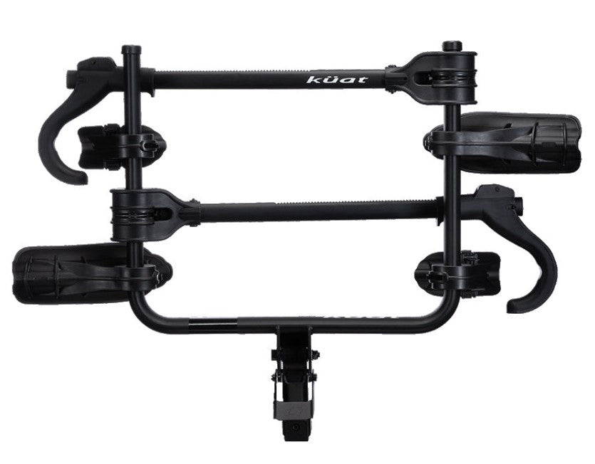 Top view of a Kuat Transfer v2 Black 2 Bike Hitch Rack Fits 1.25 to 2 inch Receiver pictured against a white background.