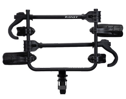 Top view of a Kuat Transfer v2 Black 2 Bike Hitch Rack Fits 1.25 to 2 inch Receiver pictured against a white background.