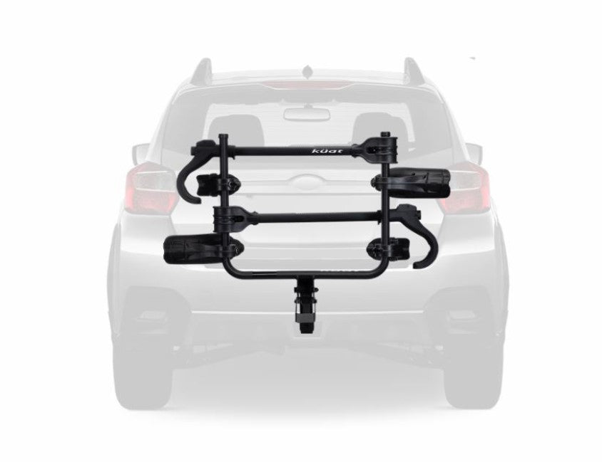 Kuat Transfer v2 Black 2 Bike Hitch Rack Fits 1.25 to 2 inch Receiver on a car and pictured against a white background.