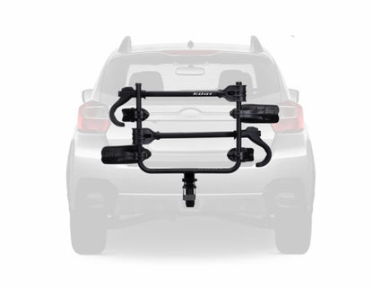 Kuat Transfer v2 Black 2 Bike Hitch Rack Fits 1.25 to 2 inch Receiver on a car and pictured against a white background.
