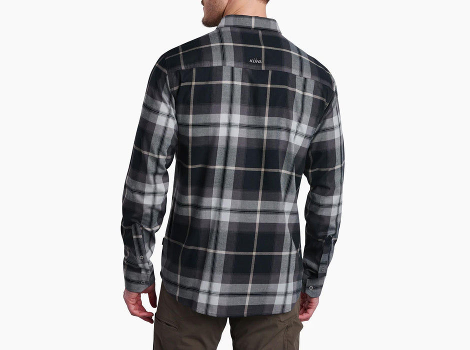 Kuhl Mens Fugitive Flannel Shirt Iron Mountain black and tan flannel studio image