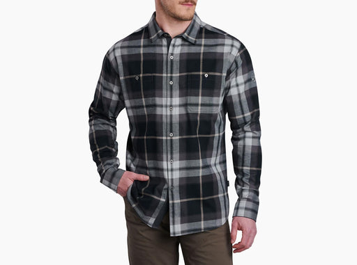 Kuhl Mens Fugitive Flannel Shirt Iron Mountain black and tan flannel studio image 