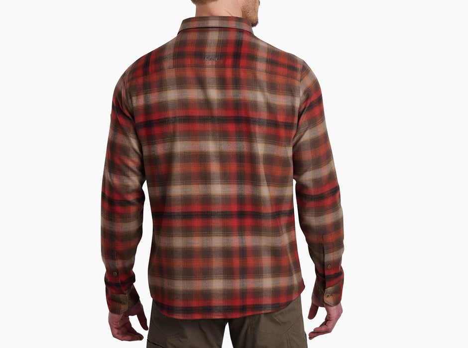 Kuhl Mens Law Flannel Shirt Brickstone studio image red and brown tan flannel longsleeve for fall and winter Hostel Shoppe