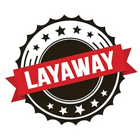 Layaway label with red ribbon and black border on white background.