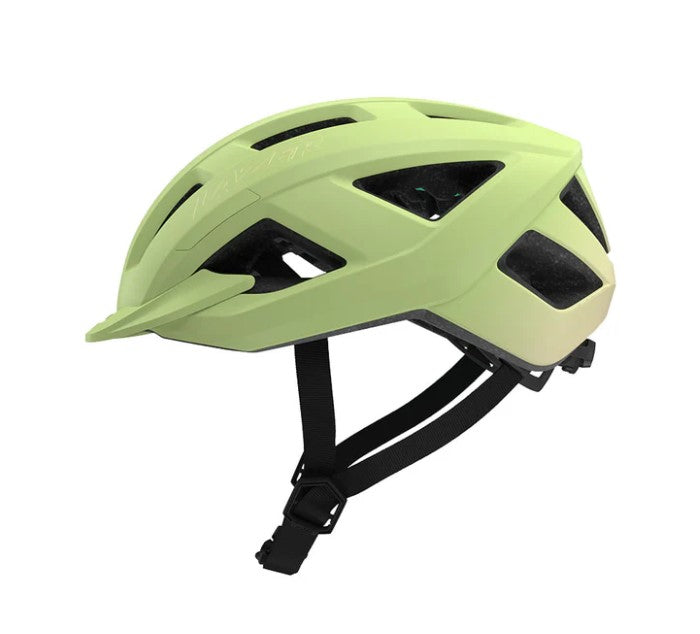 Profile view of green Lazer Cerro helmet with black straps on a white background