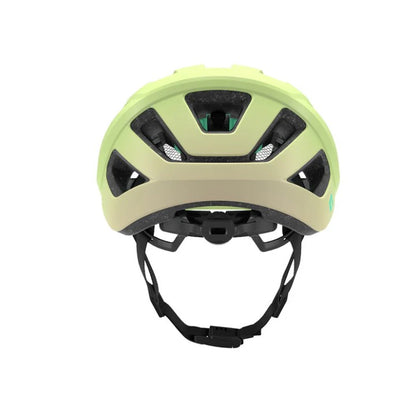 Back view of green Lazer Cerro helmet with black straps on a white background.
