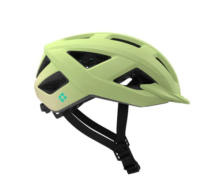 Light green Lazer Cerro helmet with black straps on a white background