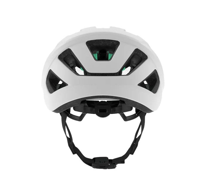 Back view of Lazer Cerro white helmet with black straps on a white background