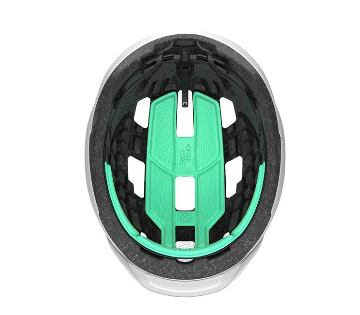 Close-up of a Lazer Cerro helmet interior with green padding on a white background